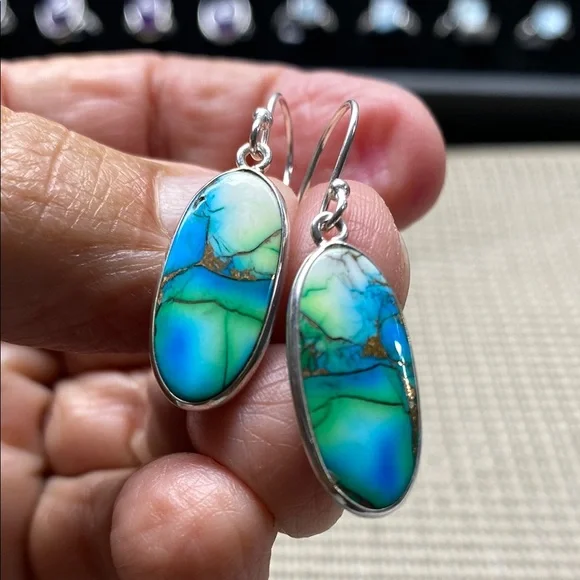 PEACOCK DAHLIA TURQUOISE EARRINGS In Solid Sterling Silver 925 - Picture 2 of 6